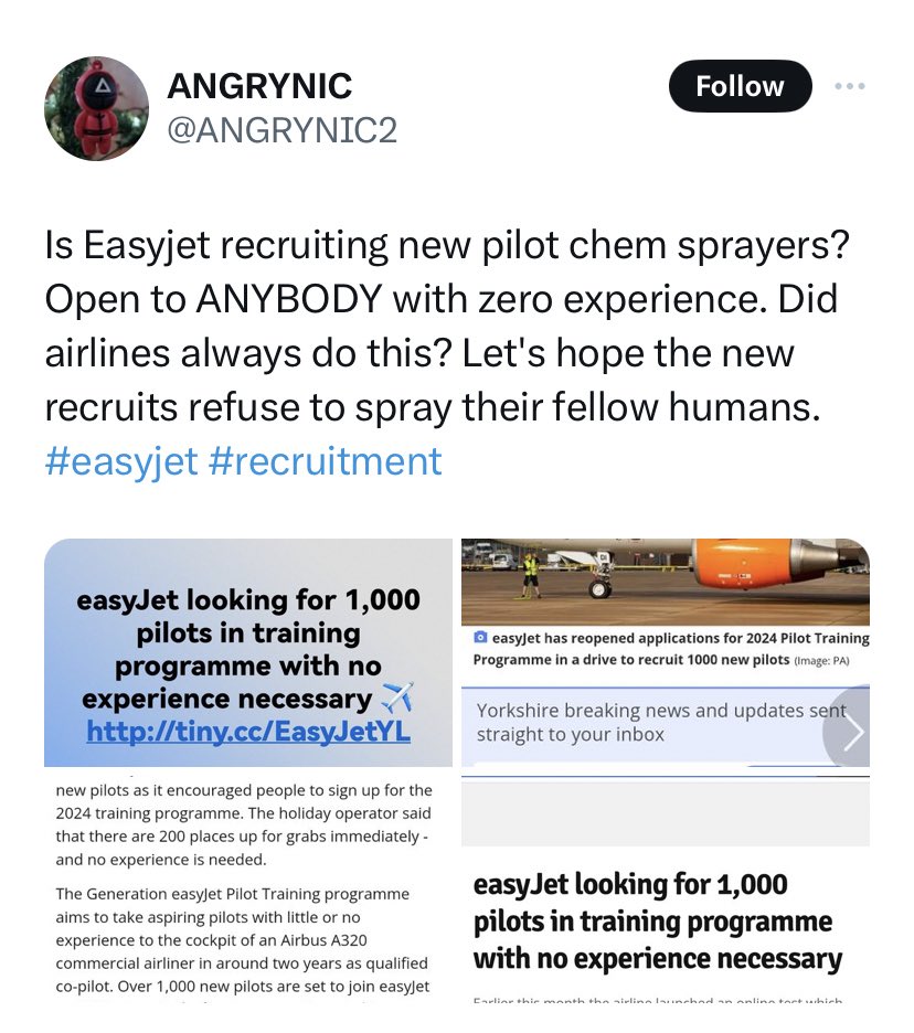 ANGRYNIC is angry and confused with EasyJet’s recruitment campaign.
“I hope the new recruits refuse to spray their fellow humans”
🤦🏻‍♂️