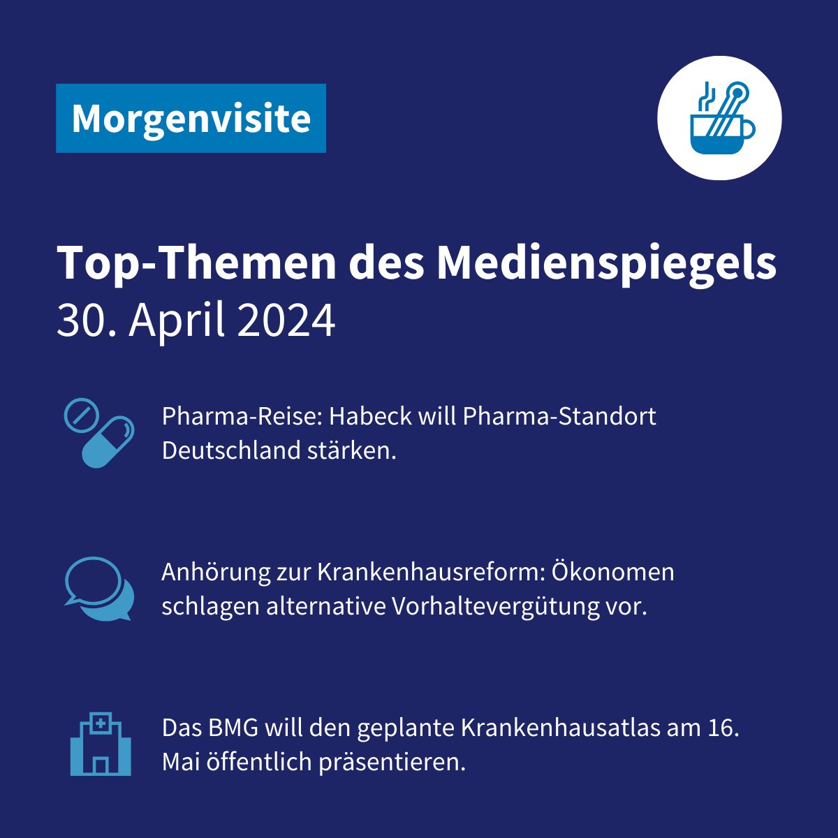 Wirtschaftsminister Robert Habeck brach am Montag zu einer „Pharma-Reise“ auf. Außerdem in unserer #Morgenvisite ☕: Verbände äußern sich zur #Krankenhausreform. BMG-Pressekonferenz zur Suizidprävention. Kritik am Medizinforschungsgesetz.👉 kurz.pkv.de/tiv9w