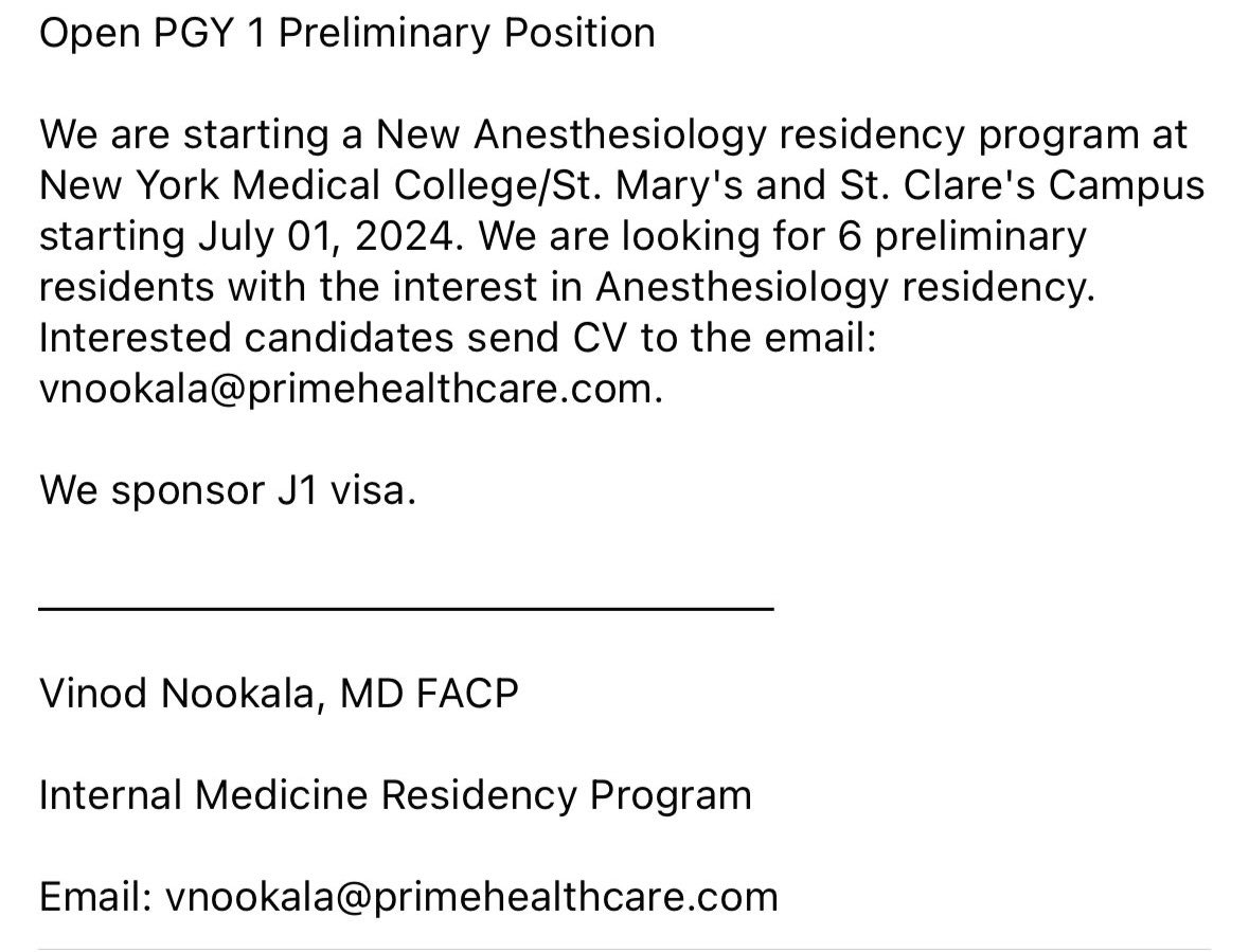 🗣️6 PGY-1 Prelim positions if Interested in Anesthesia 2024 #MedTwitter #insidethematch #anesthesia #prelim #scramble2024 #SoapTwitter #soap2024 #gas #internalmedicine #Matching2024 #match2025 #pgy1 #anesthesiology #ms4 #img #ecfmg