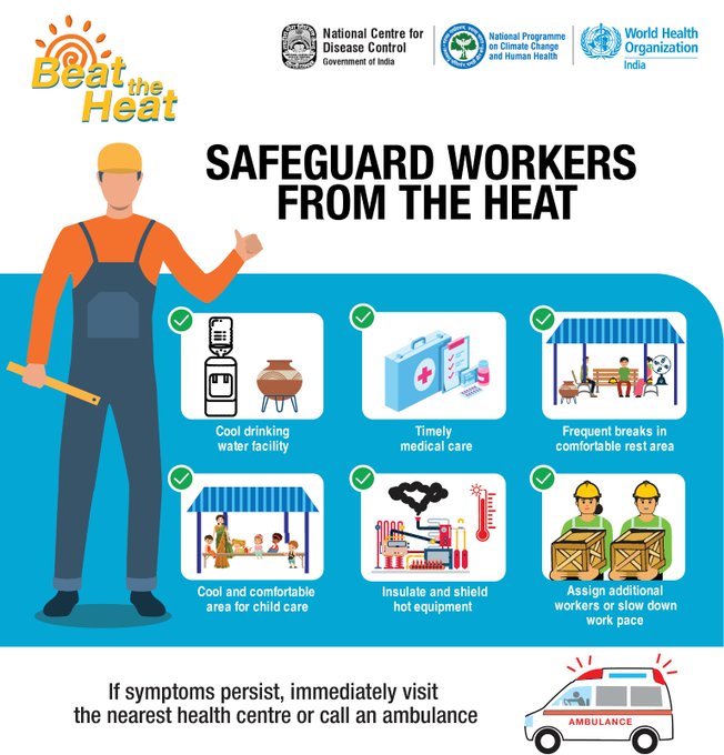 Safeguard outdoor works from extreme heat! Provide clean, cold drinking water, shade, frequent breaks and first aid when needed to avoid heat exhaustion! #BeatTheHeat