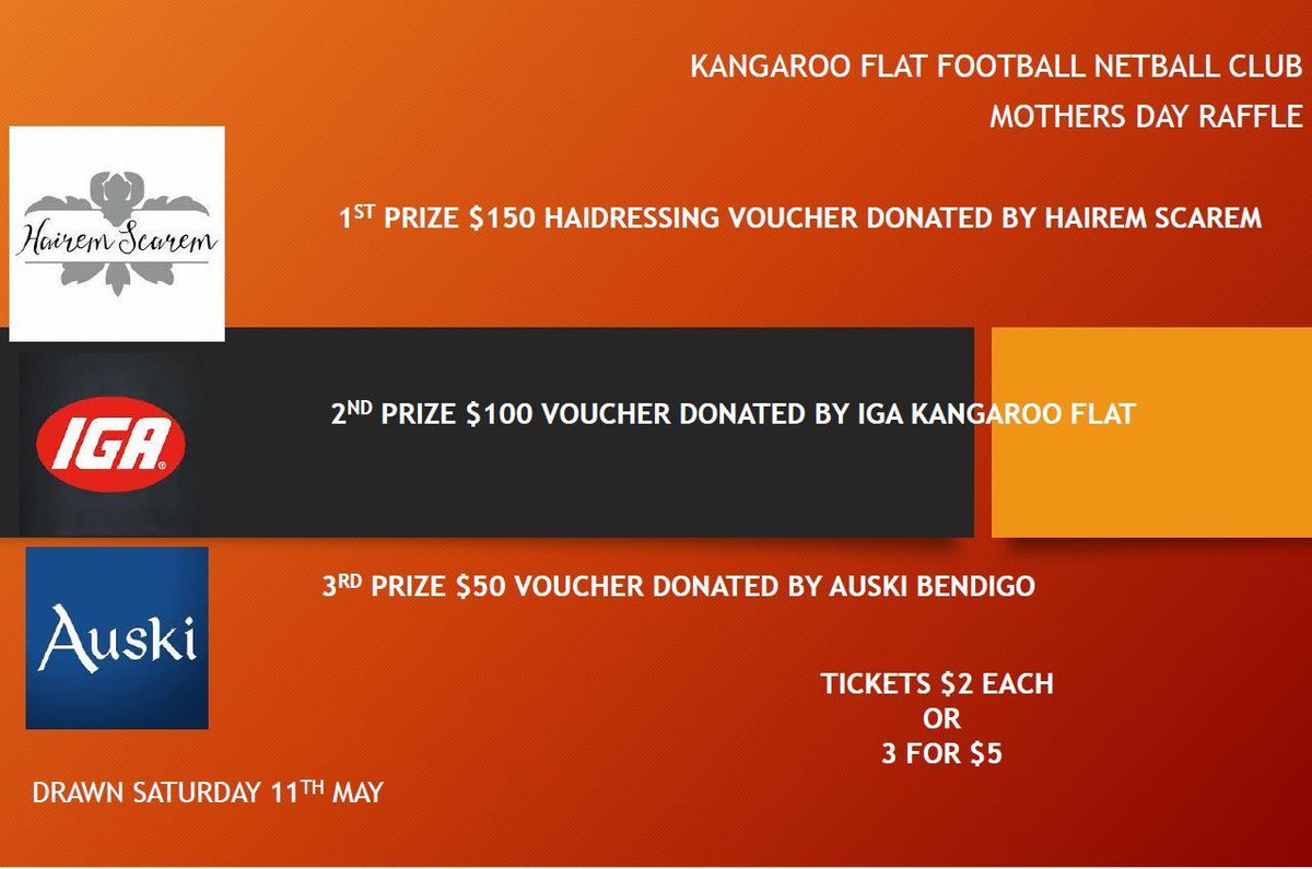 💝Mothers day💝 What are you going to do to pamper Mum?
Get your tickets online for our Mothers Day Raffle.
Drawn Saturday 11th May
1st prize $150 Hairem Scarem hairdressing voucher
2nd prize $100 IGA voucher
3rd prize $50 Auski voucher

buff.ly/3WeyxOW