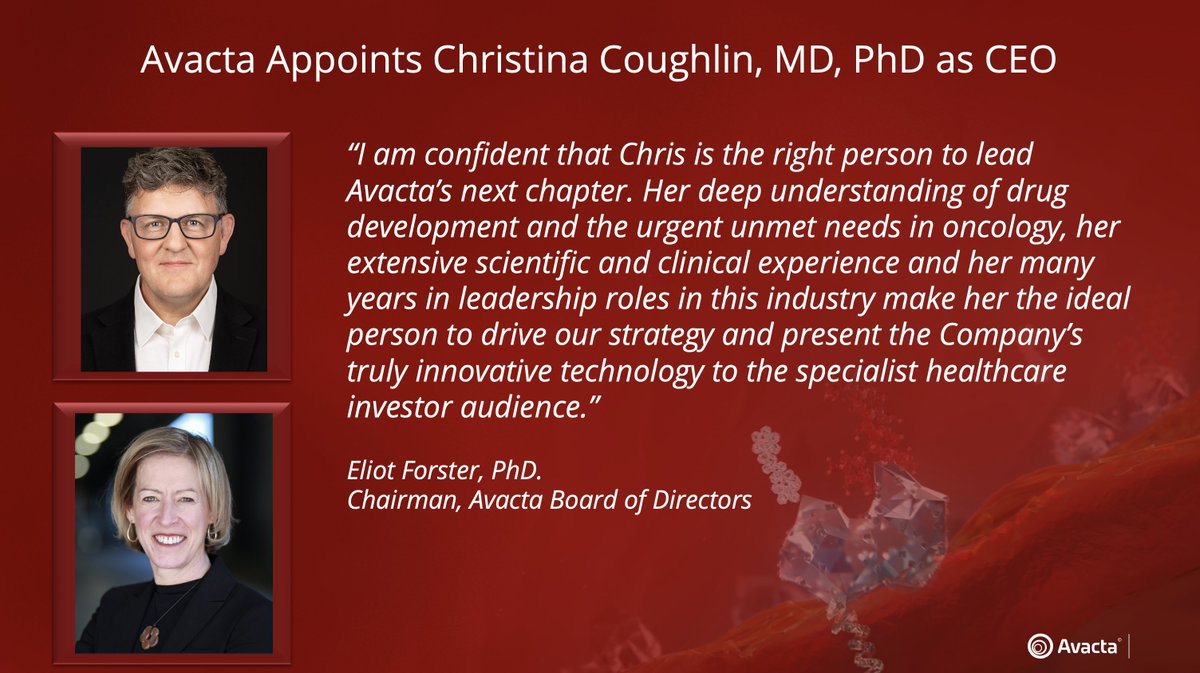 Avacta announces that Christina Coughlin, MD, PhD, has been appointed as the new Chief Executive Officer of Avacta. avacta.com/christina-coug… #AVCT