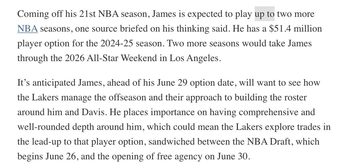 People are emphasizing the wrong words in Shams' reporting on LeBron. 'James is expected to play UP TO two more NBA seasons.' I'm sorry... up to? Is there really a defined finish line in sight here? And is he setting a symbolic target of exactly 23 seasons?