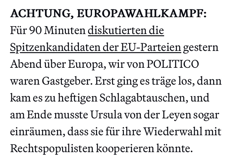 von der Leyen schließt nicht mehr aus nach der #Europawahl mit Rechtspopulisten und Europagegnern zu koalieren. Ich glaube die CDU hat da auf ihrem Parteitag mal wieder einiges zu klären… „Von der Leyens Rechtsflirt“ via @POLITICOEurope politico.eu/newsletter/ber…