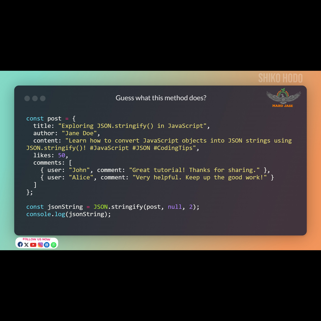 Transforming data effortlessly with JSON.stringify()! 🔄
.
.
.
#JSON #JavaScript #DataSerialization #DataFormat #DataHandling #CodeTransformation #TechSolutions #WebDev #ProgrammingTips #DeveloperTools