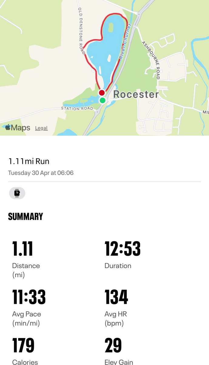 #RunForFun Early morning mile run around the lakes, lovely sunny morning.HR was 134 so well within the parameters which is good 🏃😊