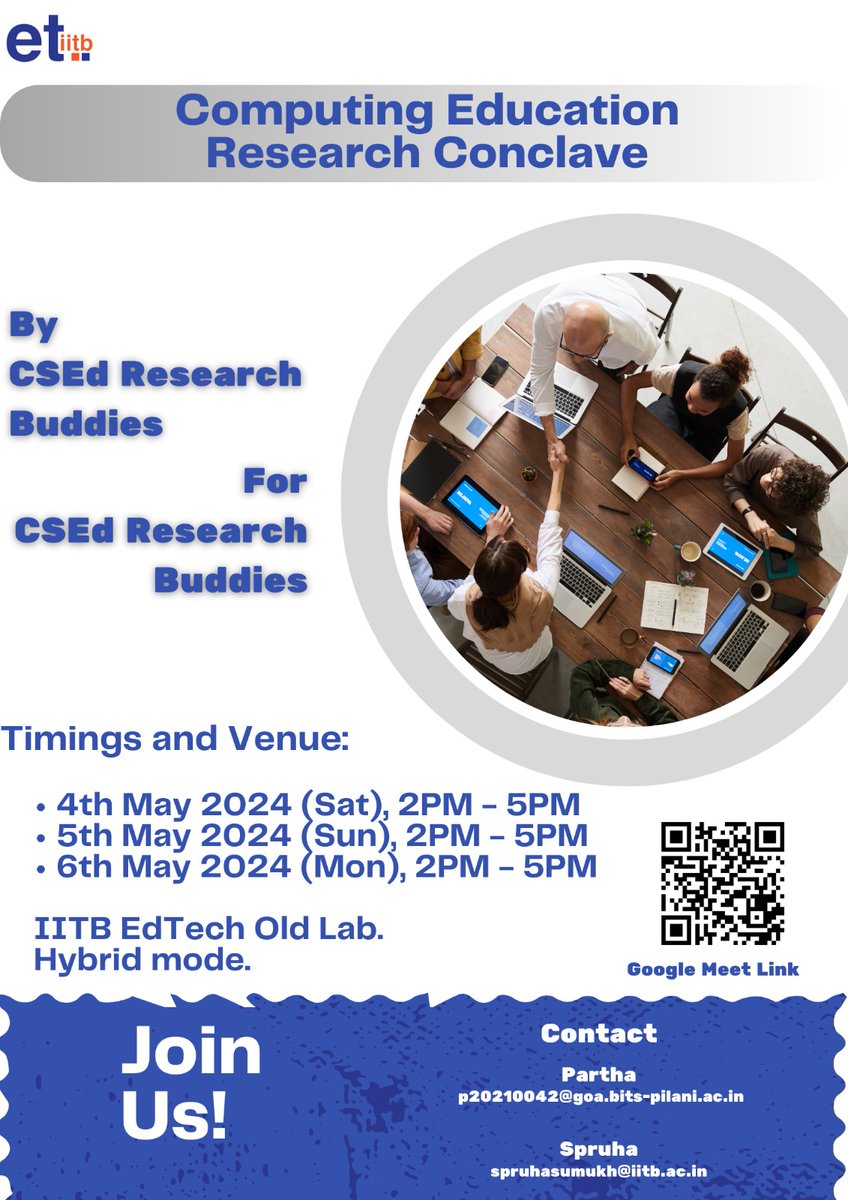 The most active week has begun. We're conducting a CSEd Research Conclave for Indian CSEd researchers to have a shared forum to discuss challenges and questions. 4-6 May, IITB EdTech. DM if interested to know more. #CSEdIndia