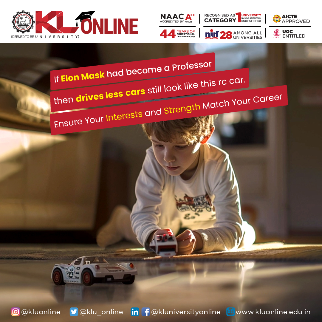 Make sure your career aligns with your passions and strengths. Explore your interests wisely #KLOnline #KLUniversity #ThinkOnlineThinkKL #AdmissionsOpen2024 #Onlinedegree #onlinelearning #OnlineMBA #OnlineBBA #OnlineBCA #ugcourses #KLUAlumni #KLUStudents #KLUStaffandFamily