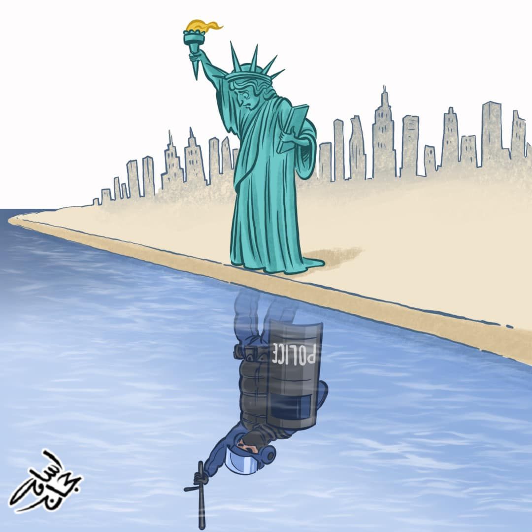 Law enforcement crack down on peaceful pro-Palestine protests in universities across the US.

By the Jordanian cartoonist Usama Hajjaj
#فريق_فرسان_الأقصى