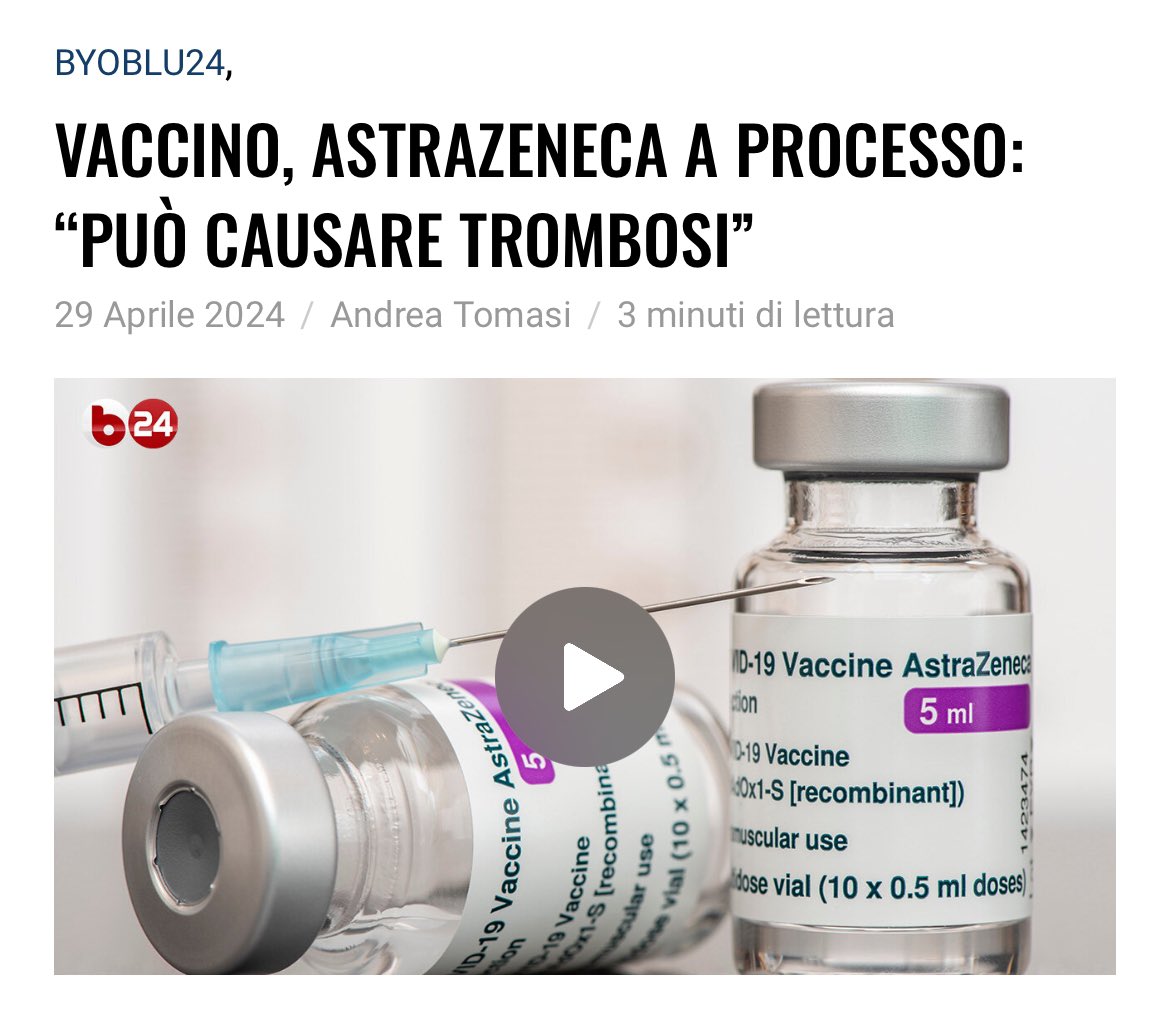 AstraZeneca ammette (per la prima volta) in tribunale: vaccino Covid può causare trombosi AstraZeneca ha ammesso per la prima volta in un tribunale in Gran Bretagna che il suo vaccino anti-Covid può causare come effetto collaterale trombosi mortali. byoblu.com/2024/04/29/vac…