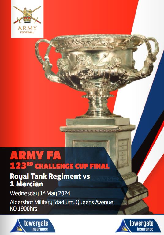 The programme for the 123rd 2023/2024 Army Challenge Cup Final is now available to read online. @RoyalTankRegt v 1 @MercianRegiment will meet at the Aldershot Military Stadium, Wednesday 1st May, KO 1900 hrs. calameo.com/read/001230235…