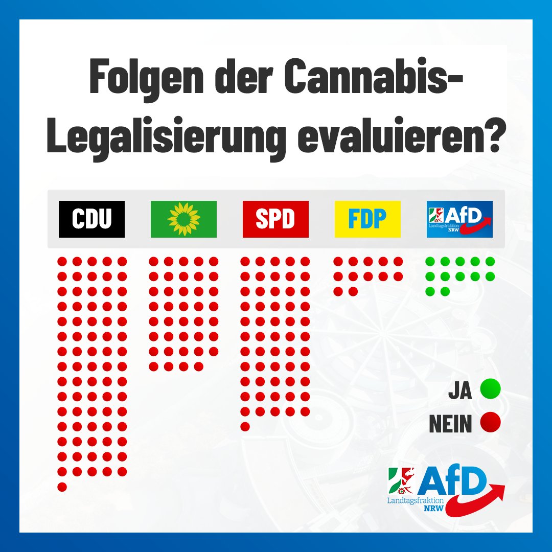 Was ist falsch daran, die Folgen der #Cannabis-Legalisierung, insb. für Minderjährige, zu evaluieren und Regelungslücken beim Anbau zu schließen? Fragen Sie CDU, Grüne, SPD & FDP, die unseren entsprechenden Antrag ablehnten. #AfD #ltNRW