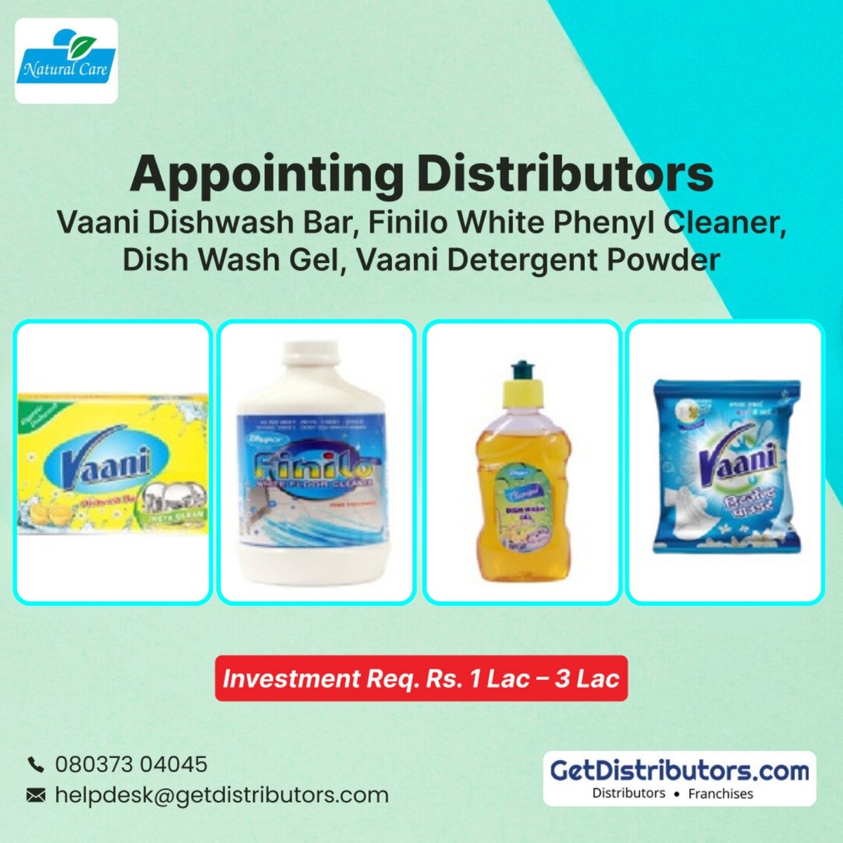 Appointing #Distributors for Vaani Dishwash Bar, Finilo White Phenyl Cleaner, Dish Wash Gel, Detergent Powder.
Brands 👉 VAANI, FINILO, CLEANOPIA
Details 👉 getdistributors.com/tiny/MYNhCfyZ3w

#NaturalCare #VaaniDishwashBar #FiniloWhitePhenylCleaner #VaaniDetergentPowder #Distributorship