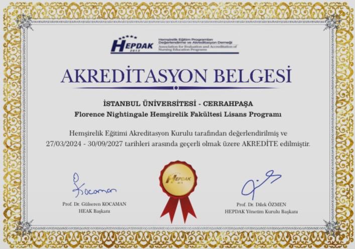 Değerli  paydaşlarımız,
Fakültemiz Hemşirelik Lisans Programı Hemşirelik Eğitim Programları Değerlendirme ve Akreditasyon Derneği (HEPDAK) tarafından üç yıl süreli olarak, 30.09.2027 tarihine kadar akredite edilmiştir.