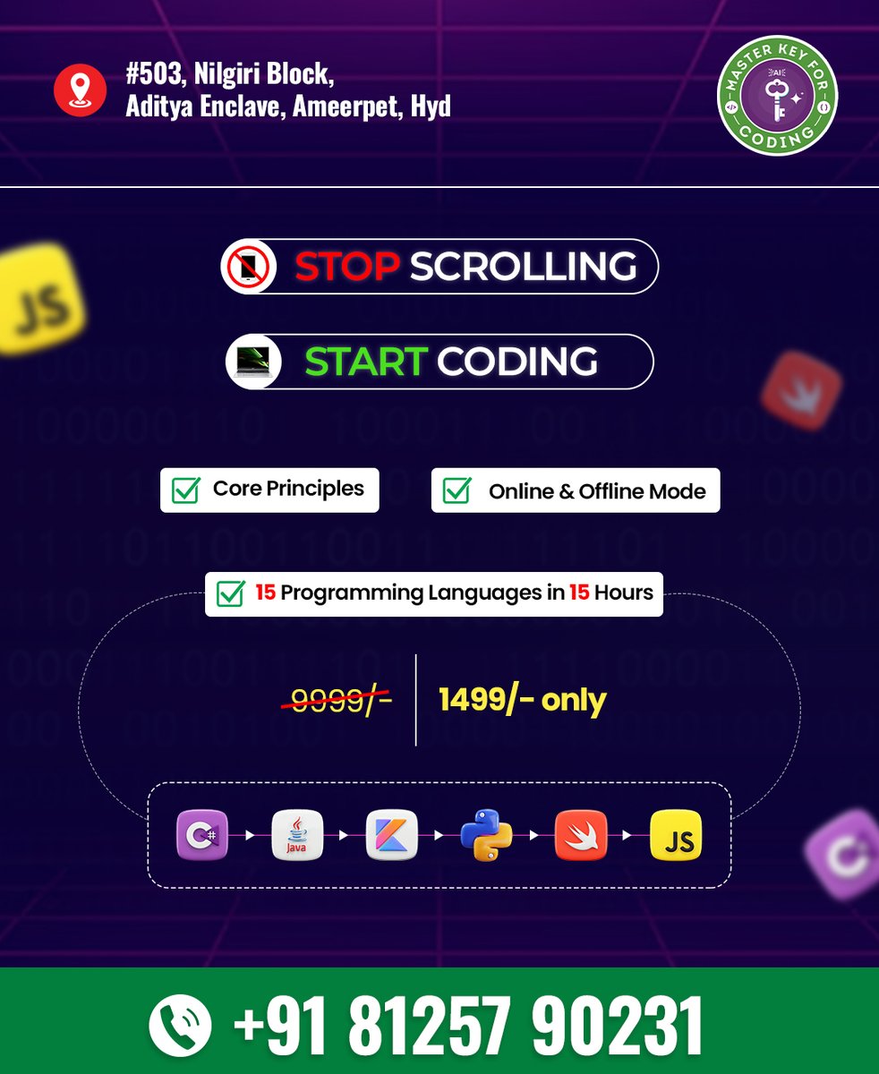 MasterKeycoding's tweet image. 🚀 Tired of endlessly scrolling through your feed? It's time to take action! 🛠️ Join us at Master Key For Coding and kickstart your coding journey TODAY! 💻
#coding #learnprogramming #masterkeyforcoding #scrolling #insta #software #learning #job #zoom #online #offline #udemy