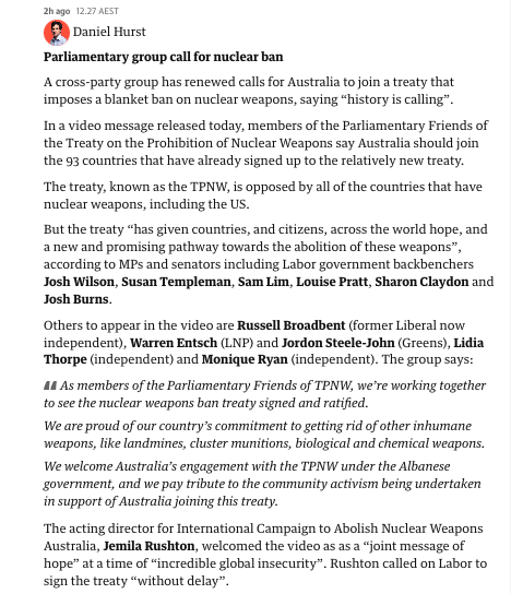 We have welcomed today's video from the Parliamentary Friends of the TPNW as a joint message of hope. We now need to see this hope turned into action and the TPNW signed without delay. @GuardianAus #NuclearBan