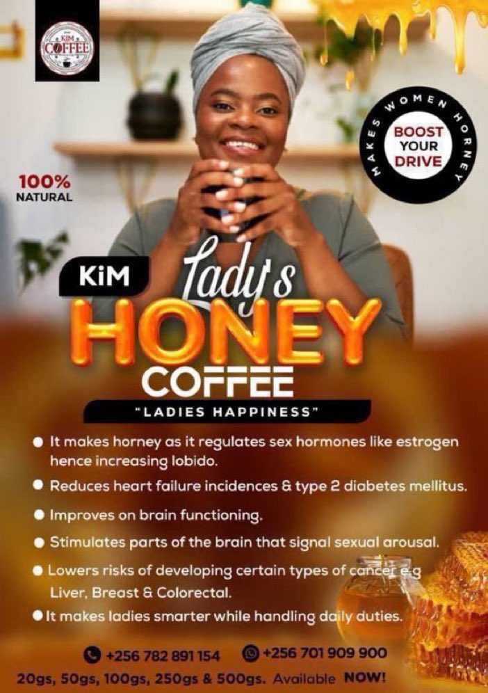 KIM LADY'S HONEY COFFEE! Hey Ladies What Situation Are You battling With? Is it PERIODICAL PAIN,LOW LIBIDO or MENOPAUSE Effects Whatever Challenge You May Be Facing.Worry No More 'KIM LADY'S HONEY COFFEE' Will not Leave You Alone @Kim_Coffee2020#BUBU #kimcoffeeroastersuganda