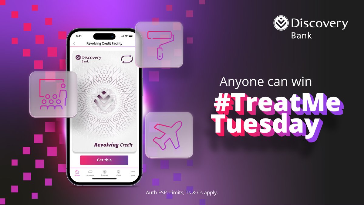 Now you can get things done & take the credit😉
With Discovery Bank’s Revolving Credit Facility, get immediate access to funds for your heart’s desires!💰

To stand to win R1,500* this #TreatMeTuesday, say how we make dreams come true? Reply with #DiscoveryBestBank. 
*Ts&Cs apply