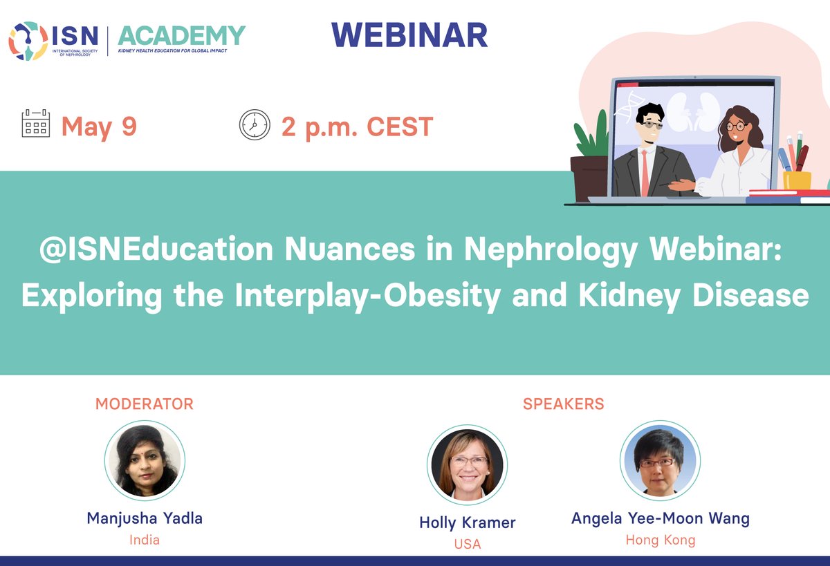 𝗦𝗔𝗩𝗘 𝗧𝗛𝗘 𝗗𝗔𝗧𝗘 for the next ISN Nuances in nephrology webinar: 'Exploring the Interplay – Obesity and Kidney Disease' 🗣️ @kramer_holly, @aymwanghkuhk 👤 @myadla 🗓️ May 9 🕑 2 pm CEST 🔗 Free registration: ow.ly/hfb150Rq0s4