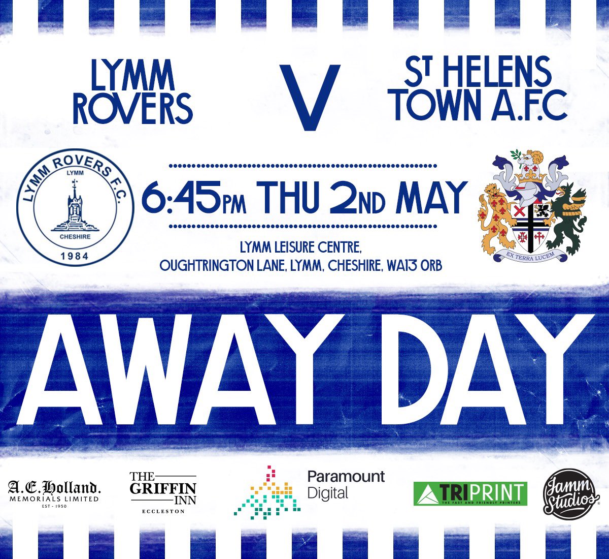 🔵⚪️2 matches coming up as we look to build on our last 2 victories. First up this Thursday an evening away trip. 🆚@LymmRovers 🗓️THURS 2 MAY 📍 LYMM LEISURE CENTRE, WAI3 ORB 🏆@CheshireFL **We’re back at home Ruskin Drive on Saturday against STRETFORD PADDOCK #TownTeam