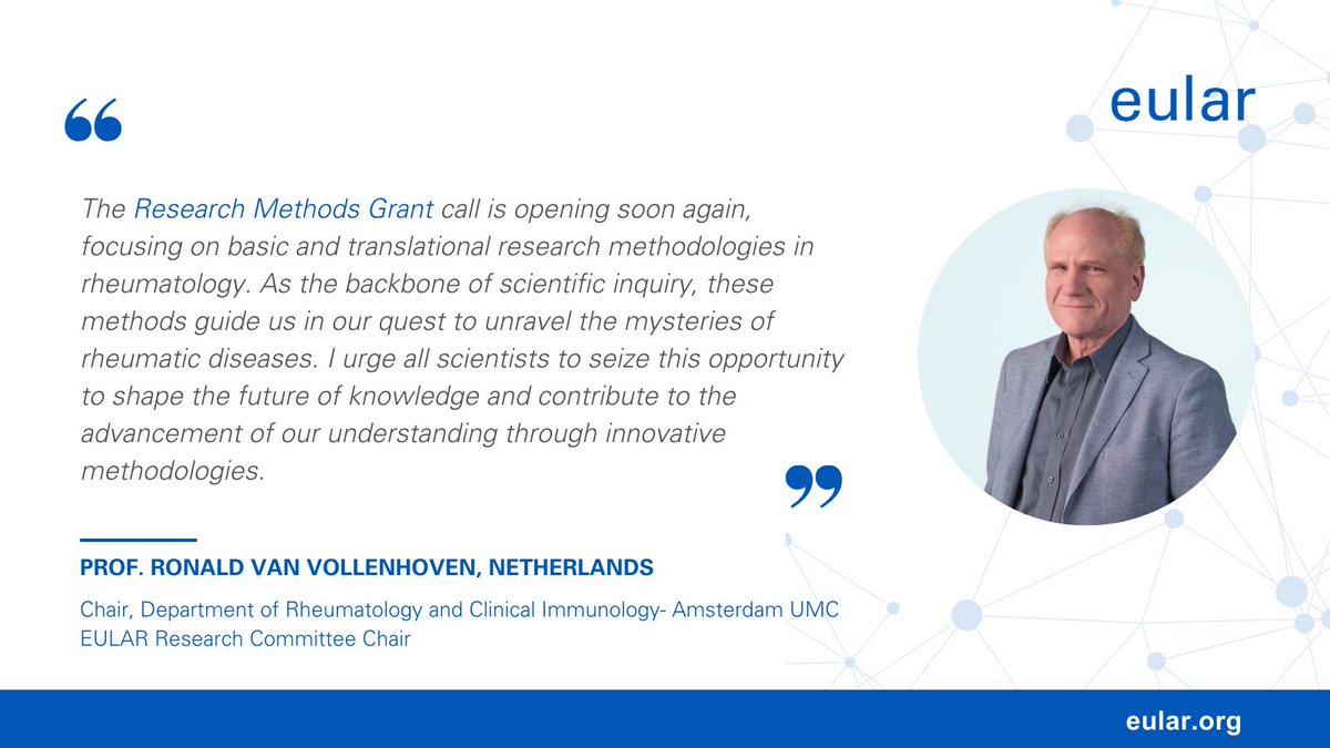 🌟 Application is open for the EULAR Research Methods Grant! 📢This call aims to support the development of basic and translational research methods in RMDs. Learn more and apply now :pulse.ly/yrfogsvjcp #EULARResearch #InnovationInScience #RheumatologyResearch