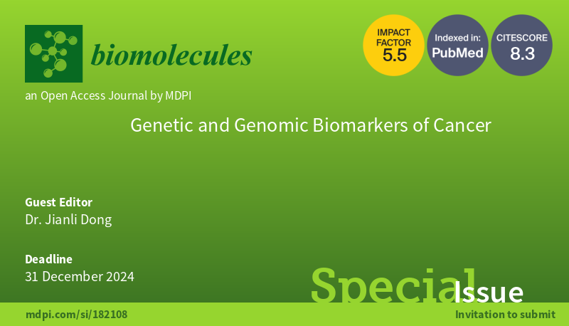 🔬 Exciting News! 🌟 Explore 'Genetic and Genomic Biomarkers of Cancer' Special Issue edited by Dr. Jianli Dong. 📅 Deadline: Dec 31, 2024 Learn more: brnw.ch/21wJiVO #CancerBiomarkers #Genetics #Genomics #SpecialIssue