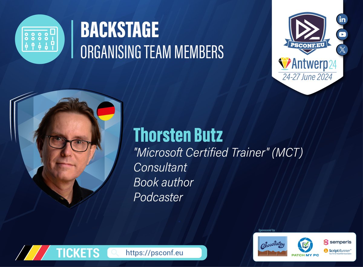 Meet the #PSConfEU organisers! 

Gather with the videogenic @thorstenbutz, #Microsoft Certified Trainer, Consultant, Book author and podcaster. 

Meet him in Antwerp for the #PowerShell Conference Europe this june (24-27) ▶️ psconf.eu