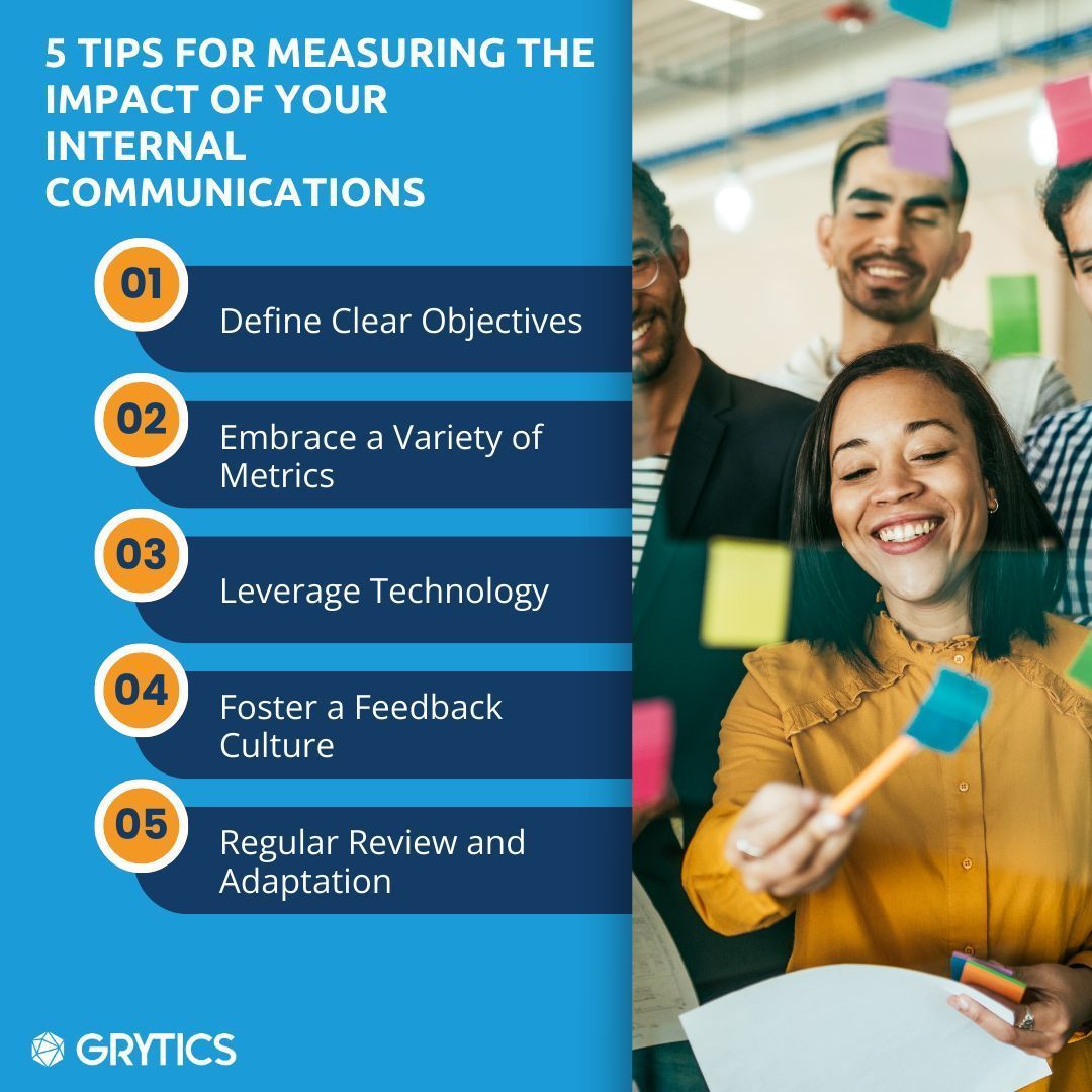 📊 Dive into effective internal comms with these 5 tips: 
Set clear goals 🎯
Use varied metrics 📈
Embrace tech for insights 💻
Foster feedback culture 🗣️
Continuously adapt 🔄
Master the art of impactful communication! ✨ #InternalComms