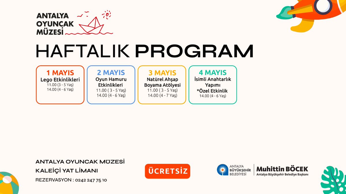 Antalya Büyükşehir Belediyesi Oyuncak Müzesi, 1-4 Mayıs arasında ücretsiz etkinlikleri ile çocuklarımızla buluşacak. 🥳 Çocuklarımızın hem yaratıcı yönlerinin ortaya çıkacağı hem de sosyalleşebileceği etkinlikler için rezervasyon yaptırmayı unutmayın! 🧸 📌 Lego Etkinlikleri /