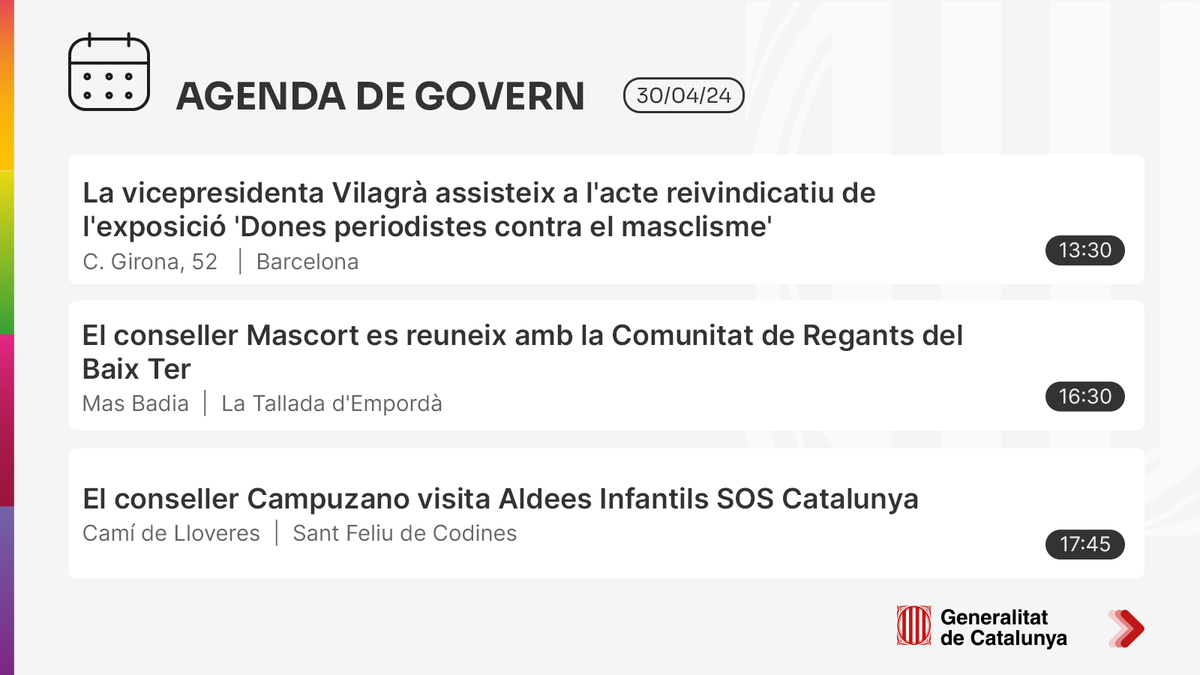 📆 Bon dia. El #president @perearagones encapçala la reunió setmanal del Govern 👉 Consulta l'agenda del #Govern aquí: tuit.cat/z7157