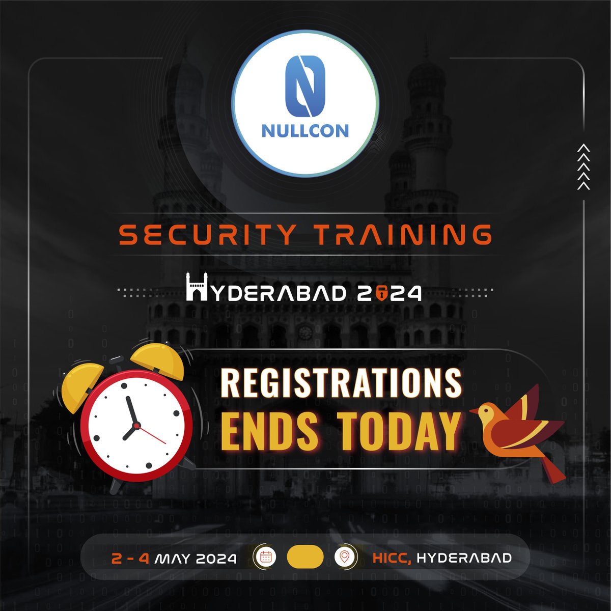 ⌛ The countdown is on! Registration for #NullconHYD ends today ⌛

Hurry and join us for incredible hands-on training sessions. Register Now: nullcon.net/hyderabad-2024…

#training #cybersecurity #ethicalhacking