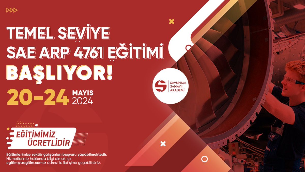 📢Temel Seviye SAE ARP 4761 Eğitimi başlıyor! 🗓️20-24 Mayıs 2024 Bilgi almak ve kayıt oluşturmak için ➡️ egitim@tregitim.com.tr #SavunmaSanayiiAkademi #eğitim