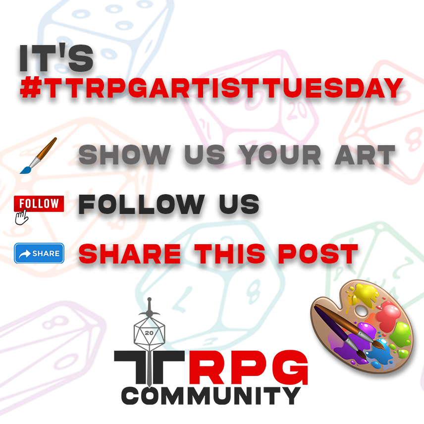 🎨✨ It's #TTRPGartisttuesday! ✨🎨 Calling all TTRPG artists: share your incredible work with us in the comments below! Don't forget to follow us, reshare this post to spread creativity! Let's celebrate the artists! 🌟 #TTRPGart #TTRPGartist #characterart #ttrpgart