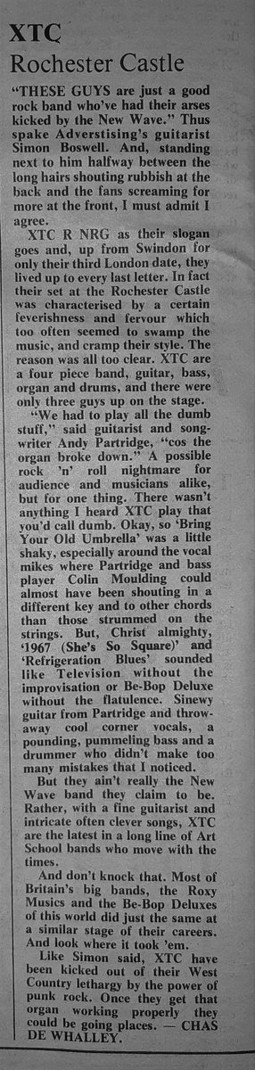 XTC's gig at Rochester reviewed by Chas De Whalley in Sounds 30th, April 1977. @LimelightXTC @adbreakanthems