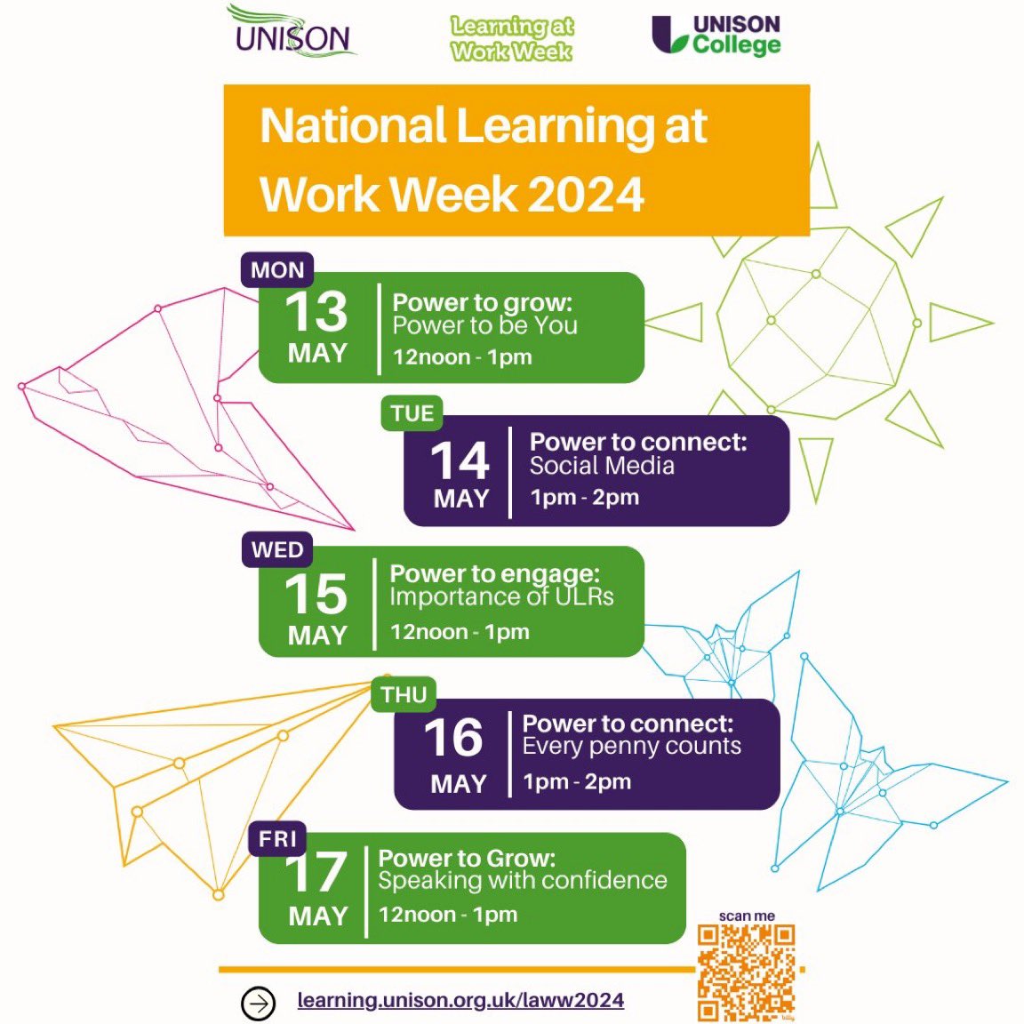 Good morning 💚 Explore the power of @unisonlearning learning during this year’s national Learning at Work Week 13-17 May!

All sessions are free of charge and open to all @unisontheunion members.

For more information and to register: learning.unison.org.uk/laww2024/