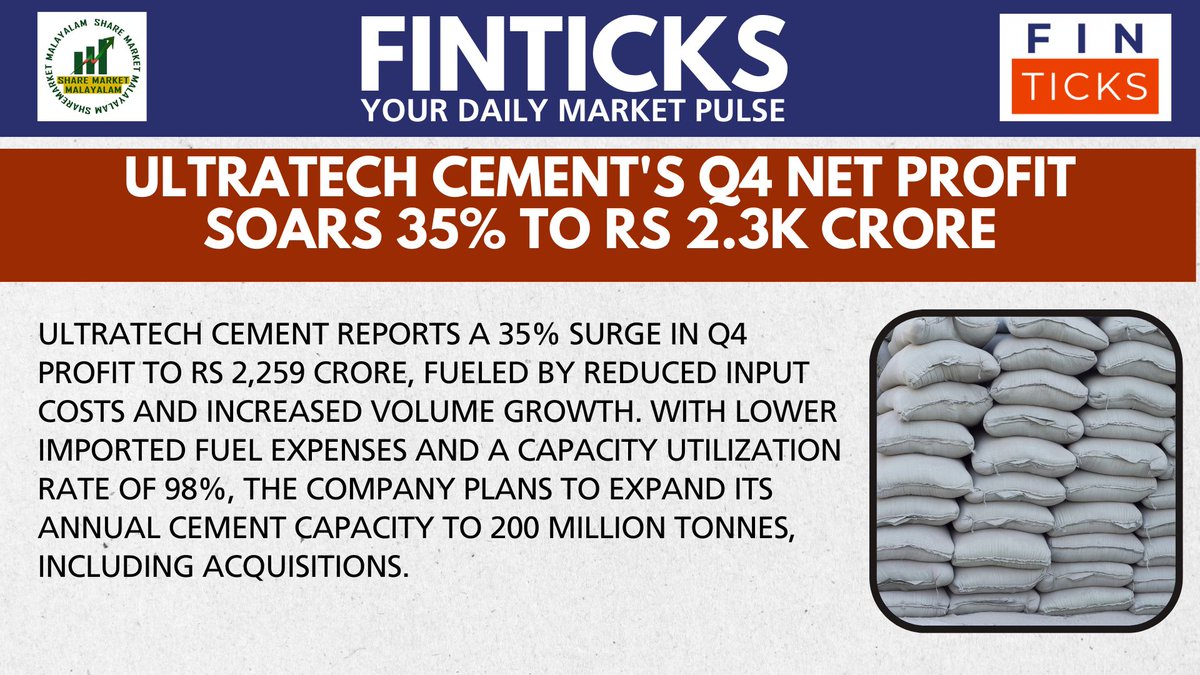 UltraTech Cement's Q4 Net Profit Soars 35% to Rs 2.3k CroreUltraTech Cement reports a 35% surge in Q4 profit to Rs 2,259 crore, fueled by reduced input costs and increased volume growth. #CementIndustry #finticks