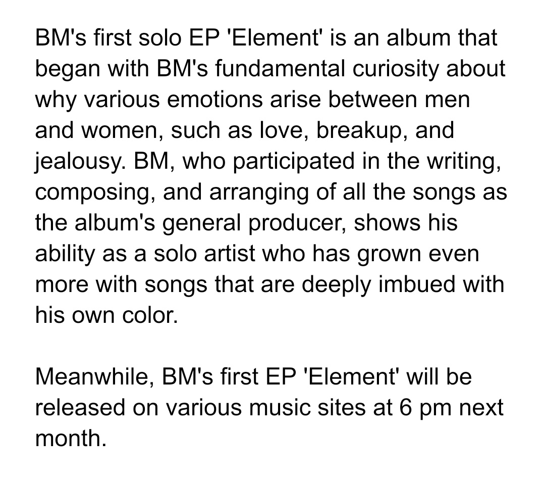 [📰] KARD's BM reveals the tracklist for his first EP 'Element'... The title track is 'Nectar' featuring Jay Park. Source: m.entertain.naver.com/article/108/00… If you have an account, please leave a reaction. #KARD #BM #Element