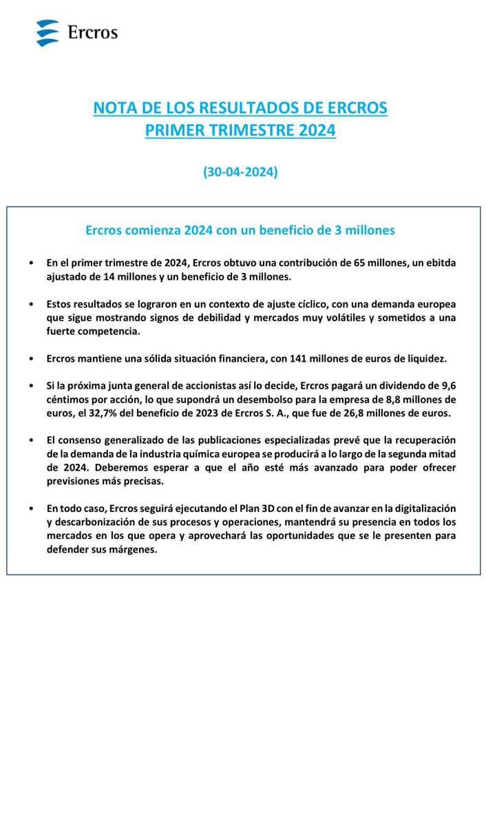 #Ercros #ECR
Resultados del primer trimestre y anuncio del pago de dividendo.