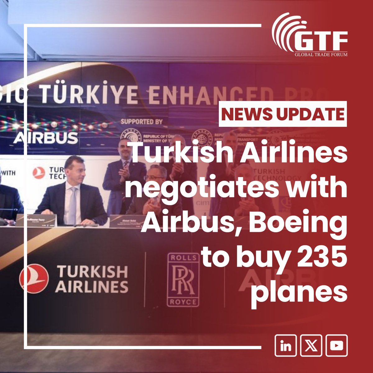 Türkiye's national flag carrier is in talks with both Airbus and Boeing about acquiring 235 aircraft as part of its expansion plans, its chief announced Monday.

#TürkiyeTrade #GTF2024 #GlobalTradeForum #EUTradeRelations #EuropeEconomy #TradeDiplomacy #TradeAlliance