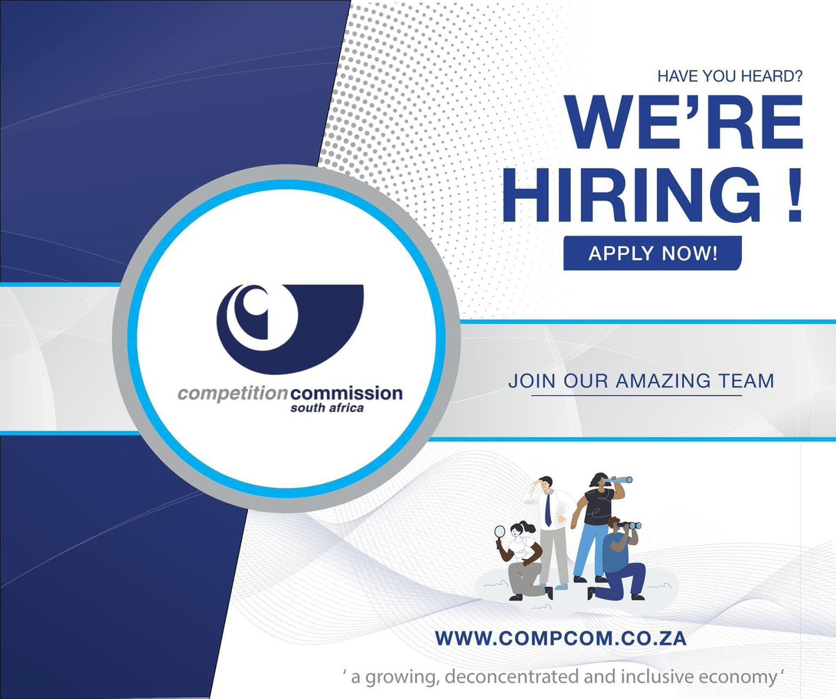 The Commission is looking for a Divisional Assistant, to join the Mergers and Acquisitions Division. Closing date 03 May 2024 @17:00. Click here to apply: tinyurl.com/yc5nd3as #JobSeekersSA