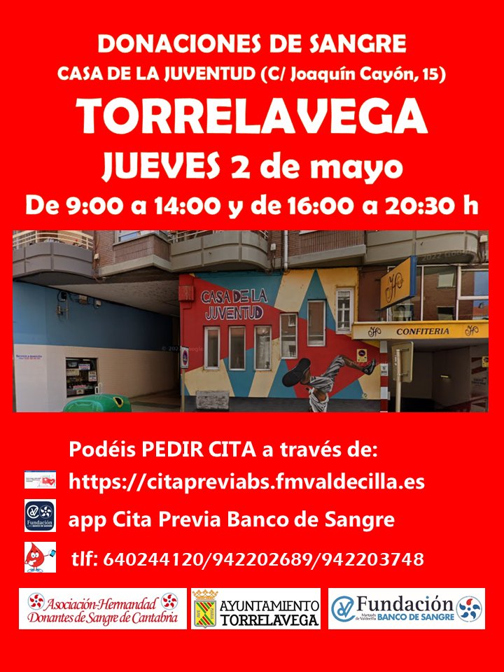 Buenos días. El JUEVES os esperamos en TORRELAVEGA, en la CASA DE LA JUVENTUD, de 9:00 a 14:00 y de 16:00 a 20:30 h. Para vuestra comodidad podéis reservar cita en la app Cita Previa Banco de Sangre, en citapreviabs.fmvaldecilla.es o llamando al tlf. 640244120 #DonaVida #Gracias