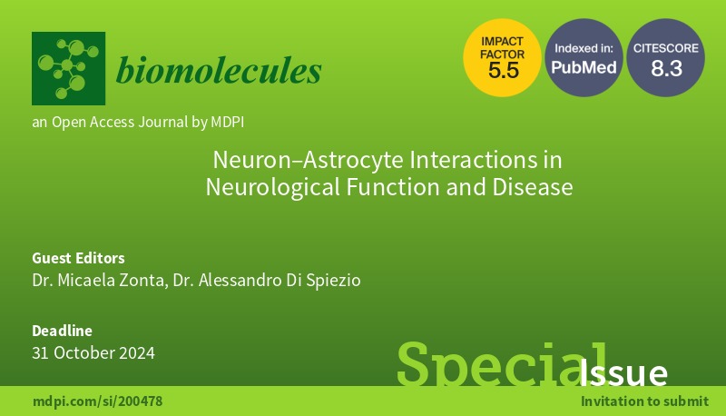 We are guest editing a Special Issue on neuron-astrocyte intercommunication in Biomolecules @Biomol_MDPI ✨️ ✍️
Reach out at mdpi.com/si/200478