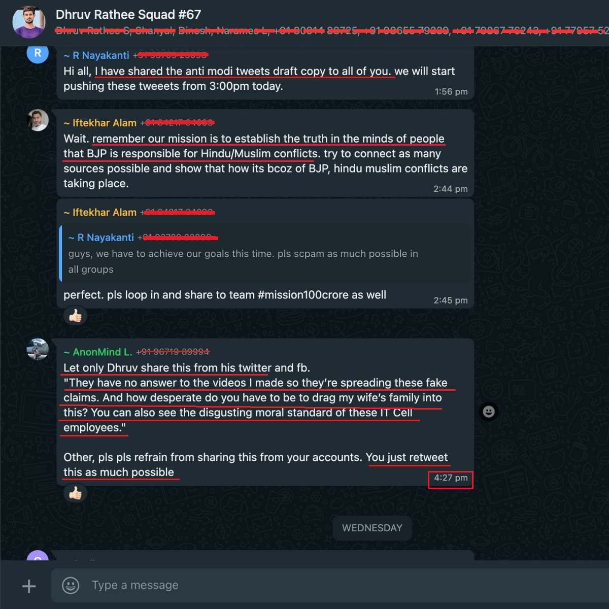 Big Expose on Dhruv Rathee: 1. Here is the leaked chat of Dhruv Rathee's Whatsapp Group. In this group, Muslim Iftekhar Alam is sharing their propaganda plan to establish that the BJP is behind Hindu-Muslim conflicts. So Hindus got divided, while Muslims remained united