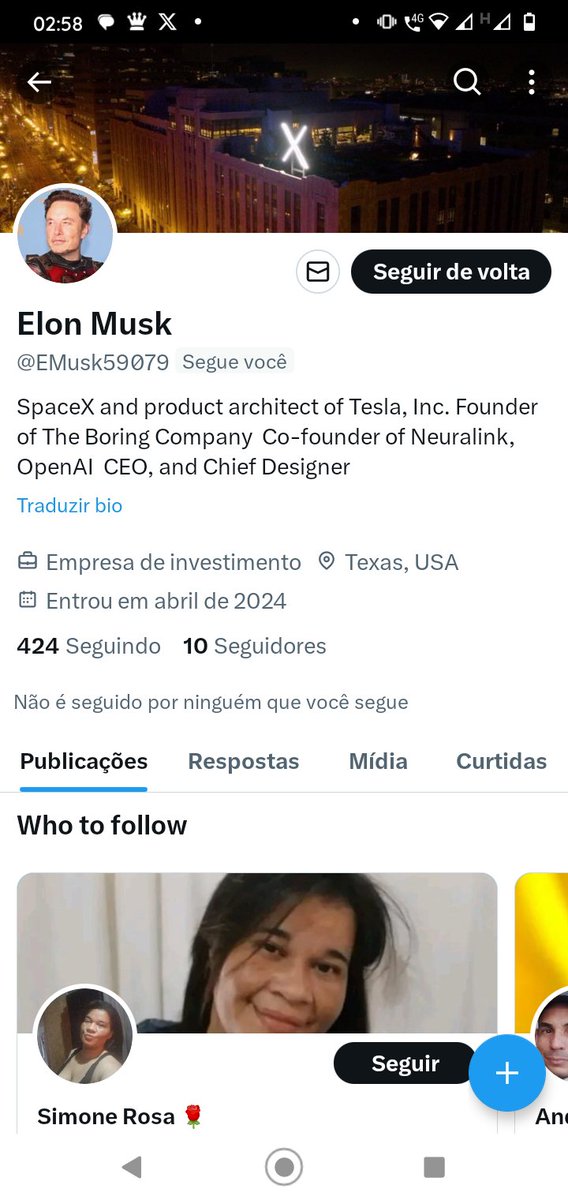 Cuidado amigos patriotas,a única conta de Elon Musk é essa @elonmusk;ele não manda msg particular a ninguém!Estão surgindo contas falsas de Elon Musk,para aplicar golpes,veja o selo azul de verificação,as fotos são idênticas...as contas falsas não tem selo azul do lado👇👇👇👇