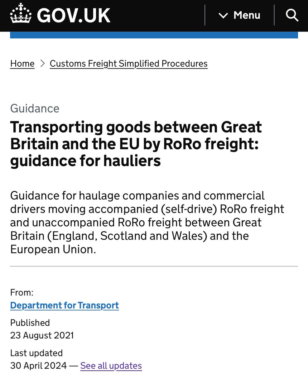 In pre-Brexit days, guidance for transporting goods between the UK and the EU by ferry would pretty much have been 'pop it in a truck and go'. Now it's 14,000 words long. And that's just the preliminaries. (The guidance references many other documents.) gov.uk/guidance/trans…