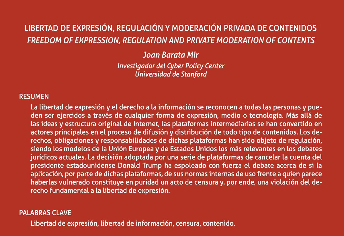 'Entender el alcance y los límites del derecho a la libertad de expresión en Internet requiere huir de tópicos y generalizaciones' Sobre libertad de expresión su regulación y moderación de contenidos. Por @JoanBarata en el núm.32 (2022) de @teoriayderecho teoriayderecho.tirant.com/index.php/teor…