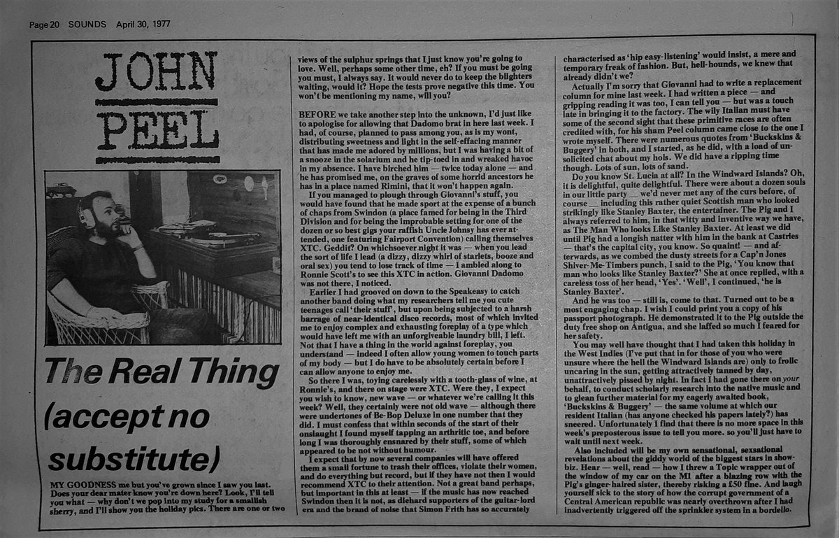 John Peel's Column in Sounds 30th, April 1977 including XTC's gig at Ronnie's. @johnpeel3904 @johnpeelarchive @LimelightXTC