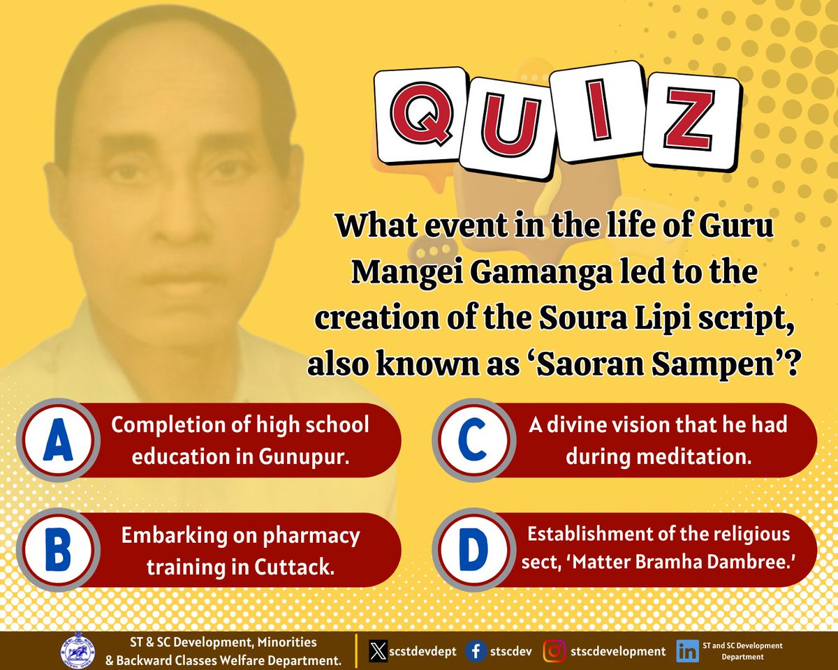 scstdevdept's tweet photo. Ready to test your knowledge on Guru Mangei Gamanga and the Soura Lipi script? Take this quiz and see how much you know about this fascinating aspect of Odisha’s cultural heritage!
#GuruMangeiGamanga #Saora #SaoranSampen #script #KnowYourTribals #OdishaTribals #EmpoweringTribalTransformingIndia #quiz #Odisha #SouraLipi
@scstrti @UNDP @UNDP_India @TribalAffairsIn @roopars
