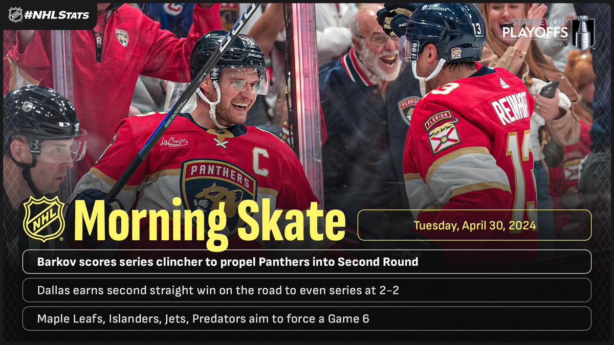 NHL Morning Skate: #StanleyCup Playoffs Edition – April 30, 2024 ▪ @FlaPanthers secure their spot in 2024 Second Round ▪️ Johnston scores two goals in three games to help @DallasStars even series ▪ Four teams aim to extend series tonight #NHLStats: media.nhl.com/public/news/17…