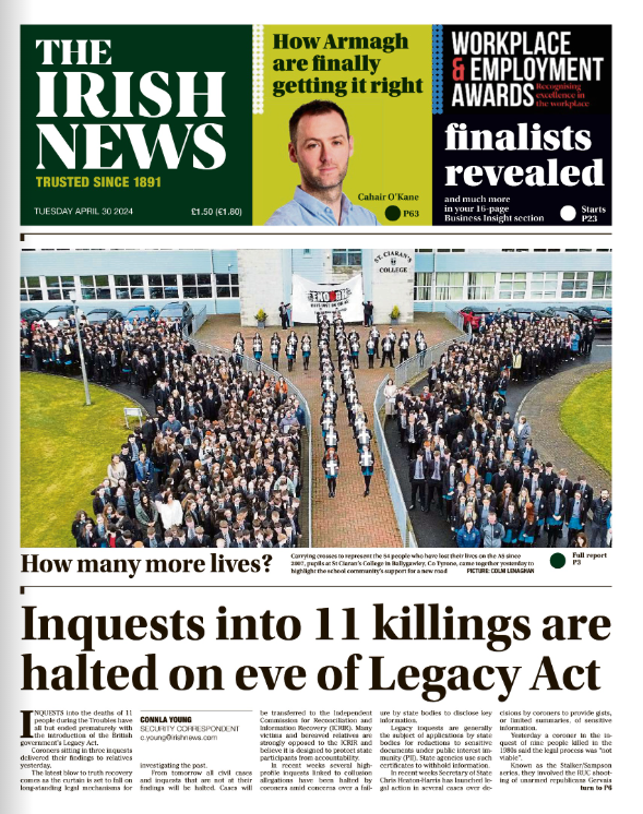 Good morning! Today's front page Inquests into 11 killings are halted on eve of Legacy Act